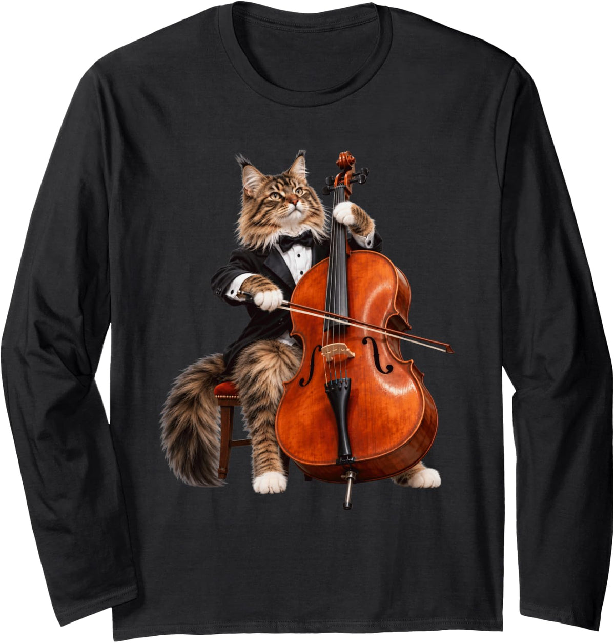 Maine Coon Cat Playing Cello Classical Musician Orchestra Long Sleeve T-Shirt - Adult Unisex Black
