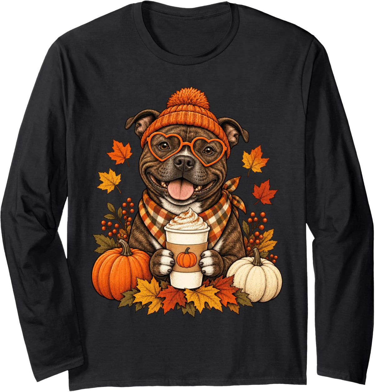 Staffordshire Bull Terrier Fall Autumn Season Pumpkin Spice Long Sleeve T-Shirt - Adult Unisex Black