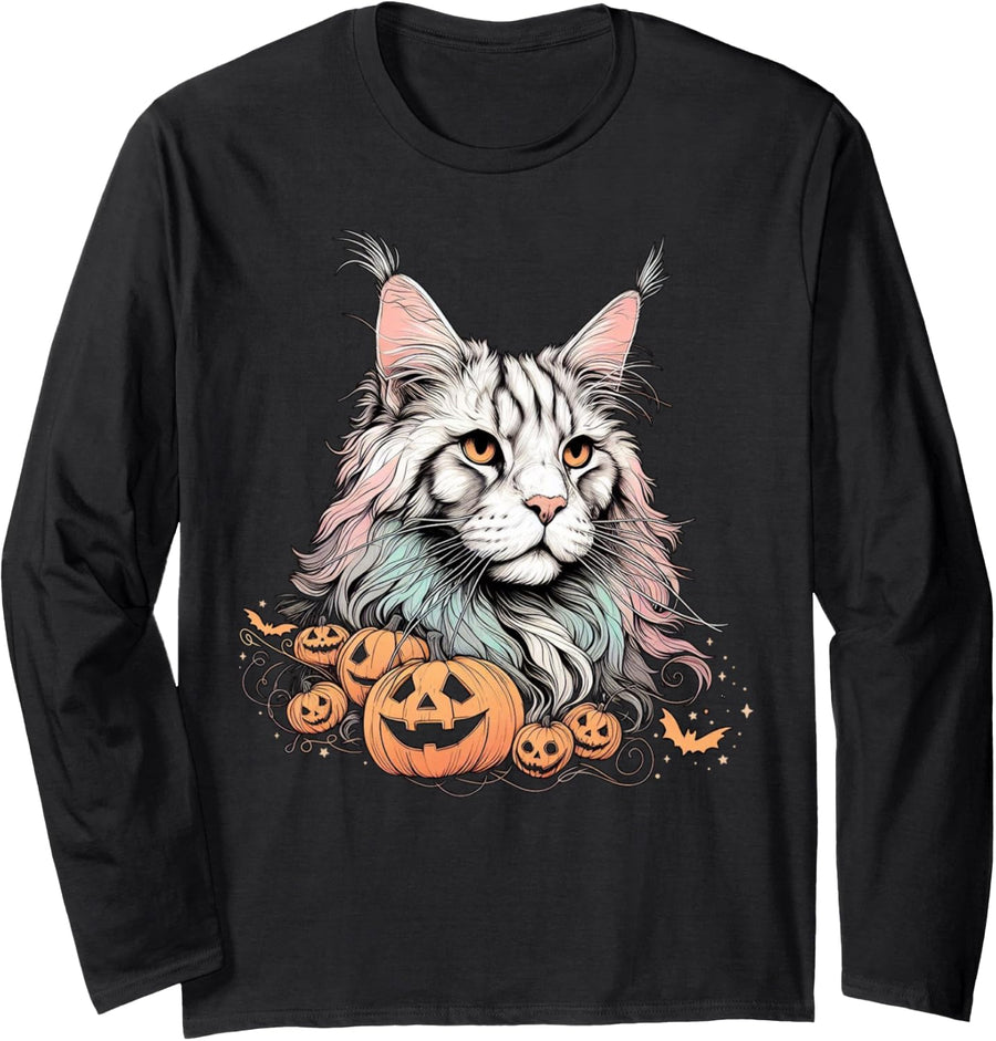 Halloween Maine Coon Cat with Pumpkins & Bats Spooky Holiday Long Sleeve T-Shirt - Adult Unisex Black