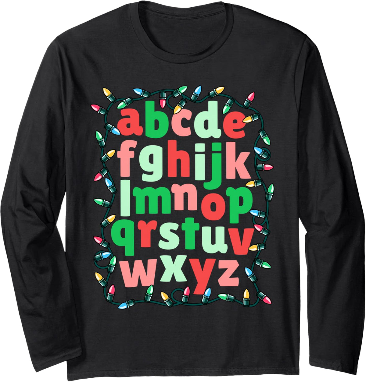 Kindergarten Teacher Holiday Lights ABCs Christmas Alphabet Long Sleeve T-Shirt - Adult Unisex Black