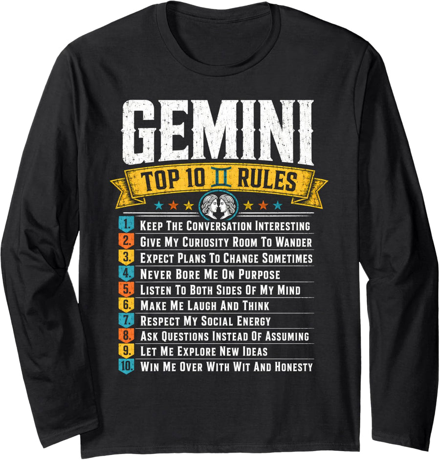 Gemini Top 10 Rules Zodiac Birthday Astrology Sign Long Sleeve T-Shirt - Adult Unisex Black