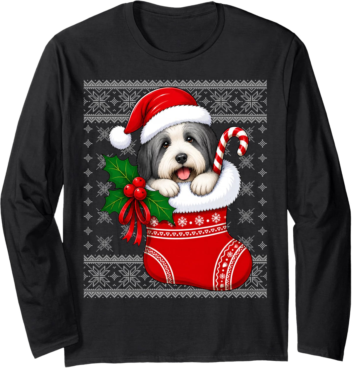 Bearded Collie Dog Christmas Stocking Cute Festive Ugly Xmas Long Sleeve T-Shirt - Adult Unisex Black