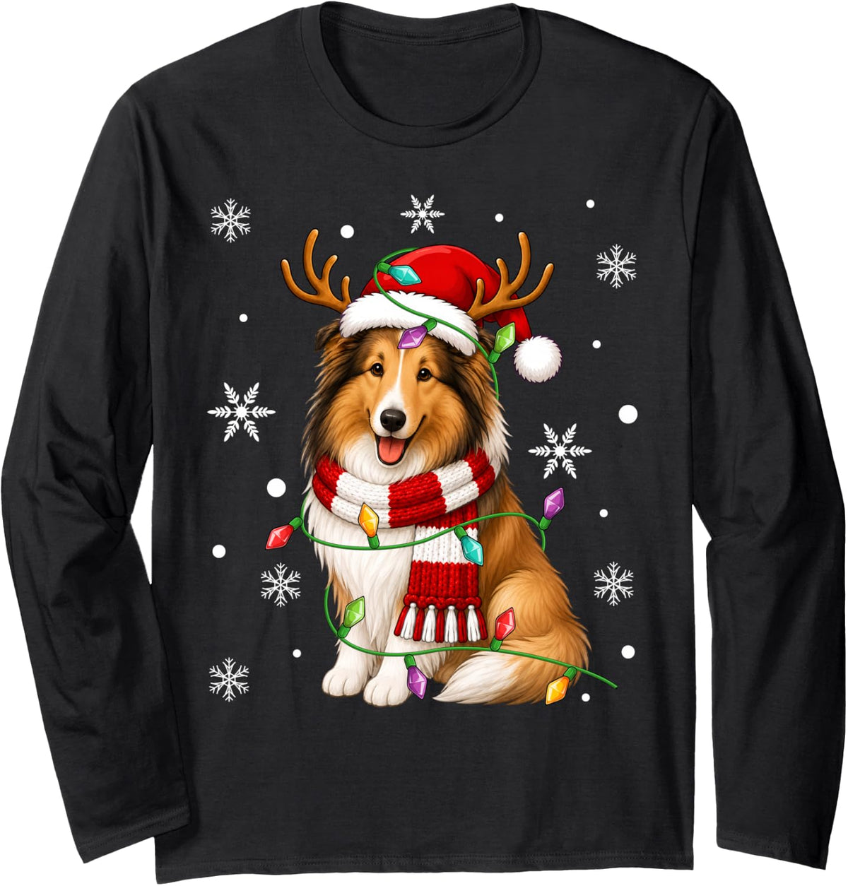 Rough Collie Dog Christmas Lights Santa Hat Scarf Xmas Long Sleeve T-Shirt - Adult Unisex Black