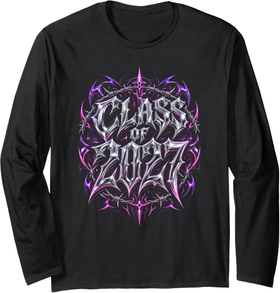 Class of 2027 Heavy Metal Cyber Goth Graduation Senior Long Sleeve T-Shirt - Adult Unisex Black