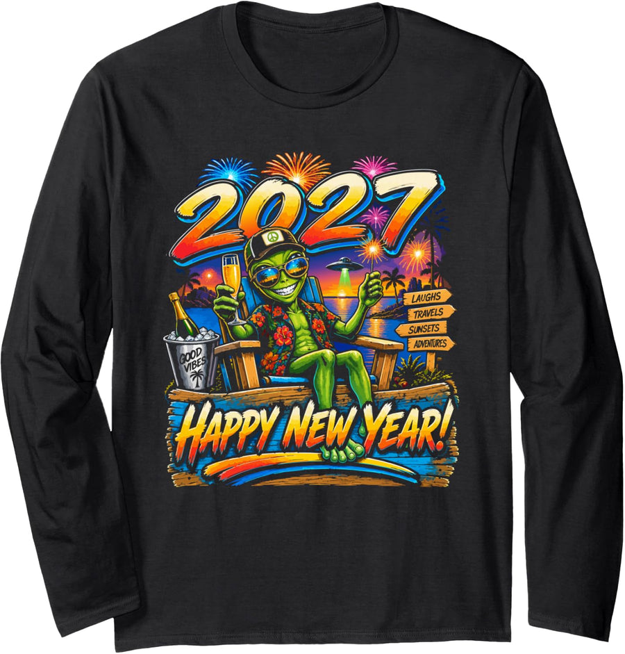 UFO Alien Happy New Year 2027 Tropical Celebration Long Sleeve T-Shirt - Adult Unisex Black