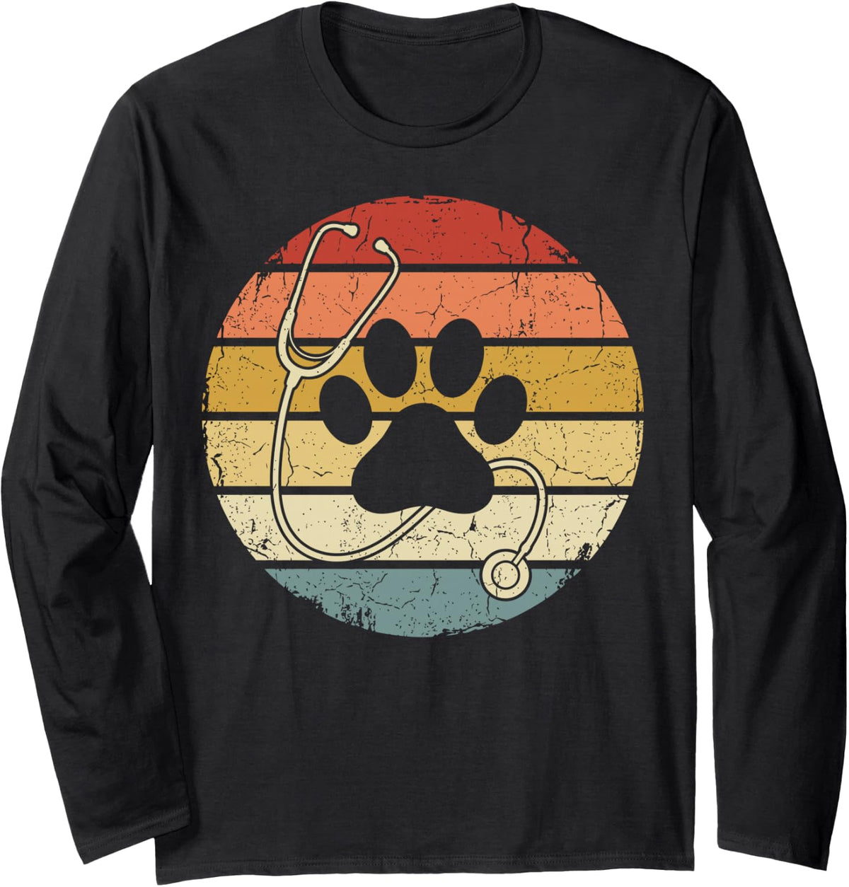 Retro Paw Prints Stethoscope Veterinarian Vet Tech Long Sleeve T-Shirt - Adult Unisex Black
