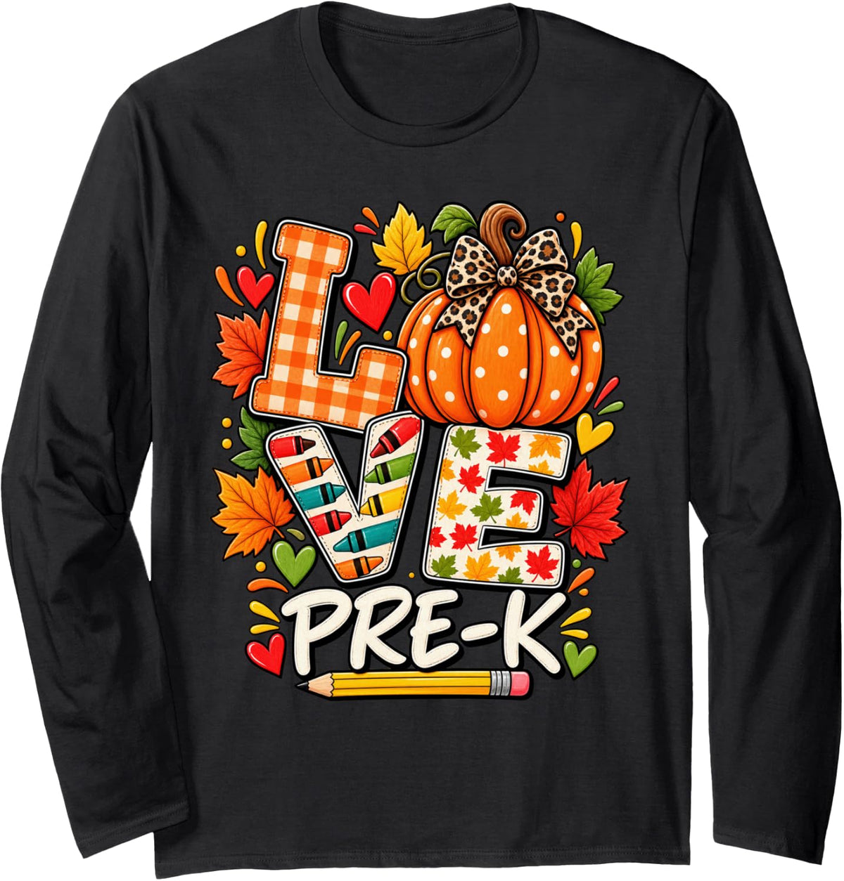 Pumpkin Preschool Love Pre K Fall Teacher Thanksgiving Long Sleeve T-Shirt - Adult Unisex Black