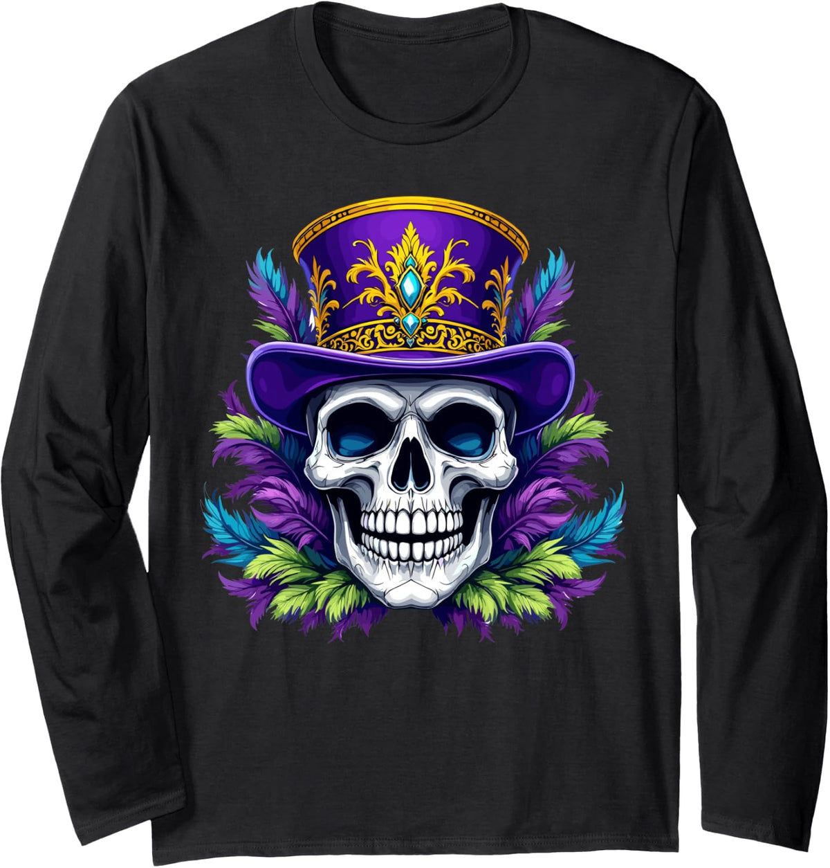 Skull Mardi Gras Skeleton Hat Carnival New Orleans Long Sleeve T-Shirt - Adult Unisex Black
