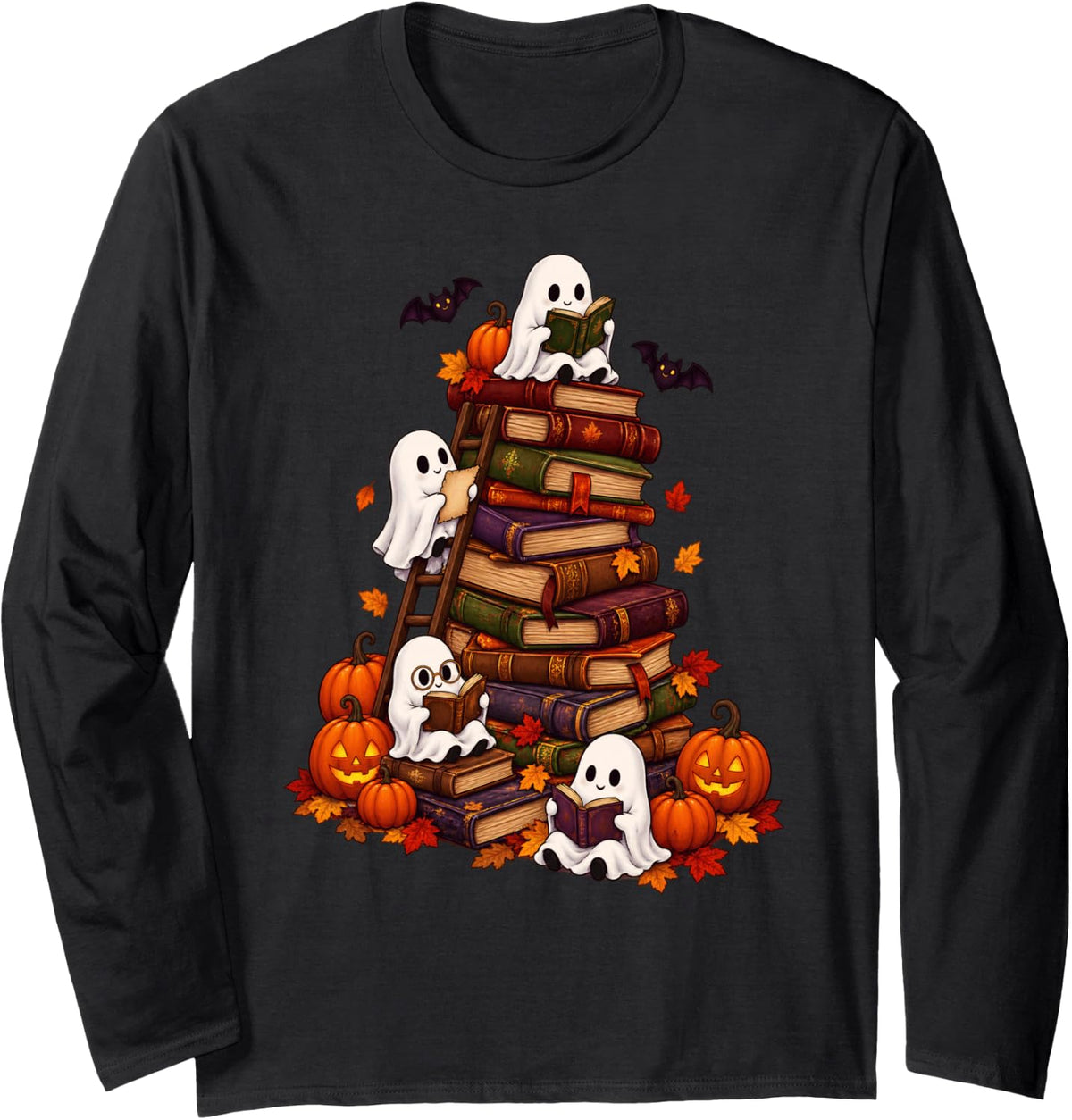 Spooky Ghost Reading Books Pumpkin Autumn Library Lover Long Sleeve T-Shirt - Adult Unisex Black