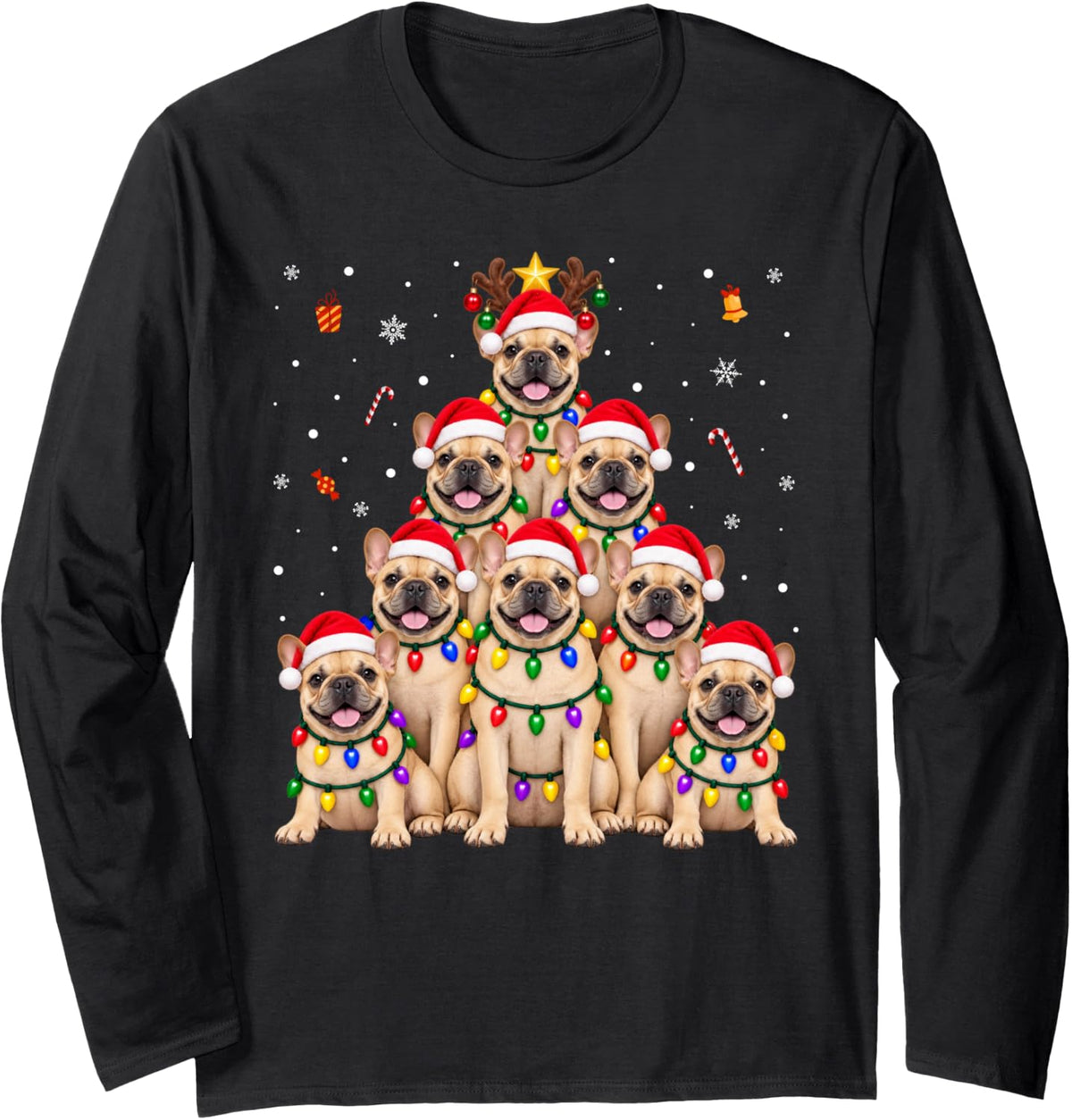 French Bulldog Christmas Tree Dogs Santa Hats Lights Xmas Long Sleeve T-Shirt - Adult Unisex Black