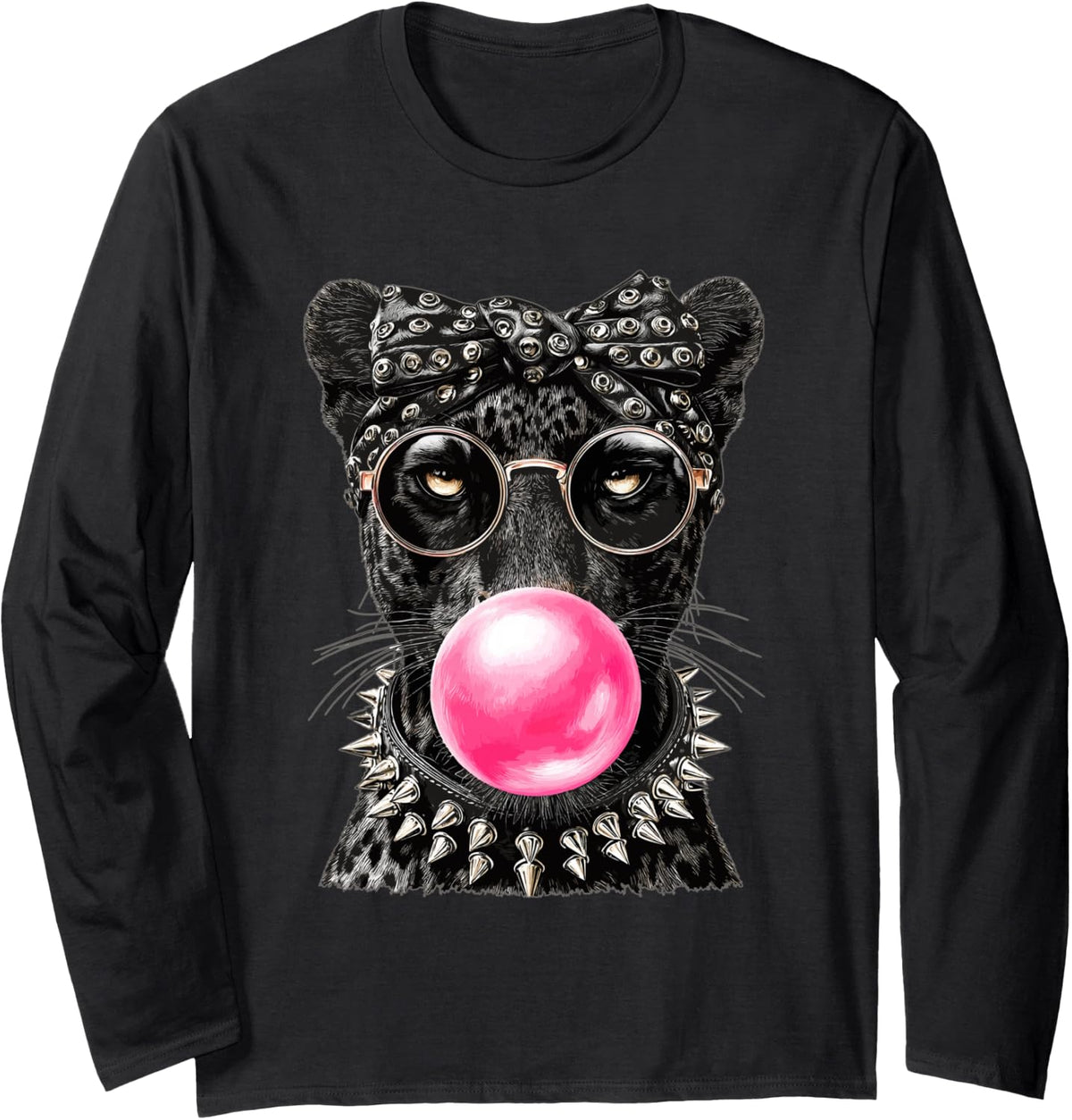 Glam Panther with Sunglasses Punk Animal Bubblegum Gothic Long Sleeve T-Shirt - Adult Unisex Black