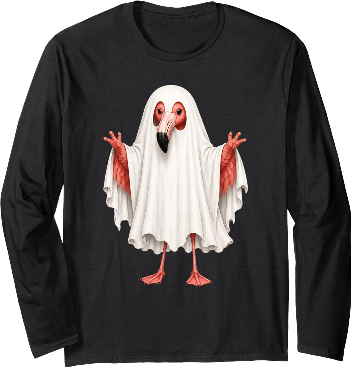 Flamingo Ghost Halloween Long Sleeve T-Shirt - Adult Unisex Black