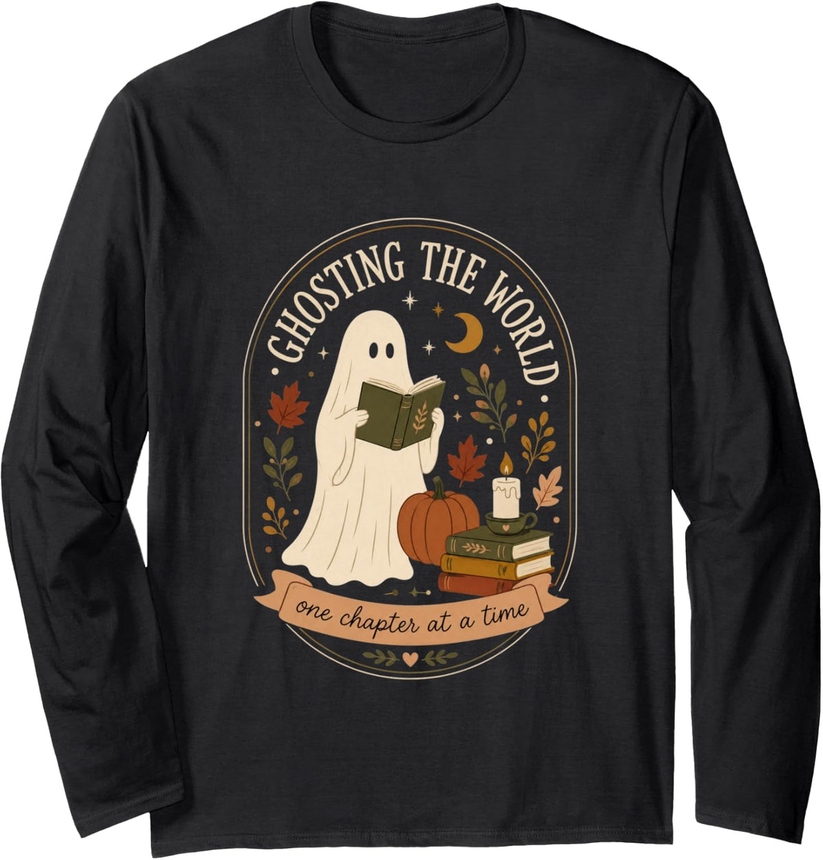 Cute Ghost Reading Book Lover Fall Halloween Reader Long Sleeve T-Shirt - Adult Unisex Black