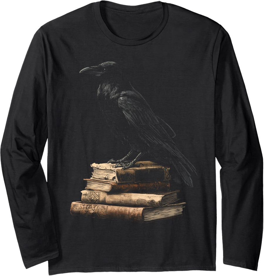 Raven Book Lover Black Crow Dark Academia Bookish Witchy Long Sleeve T-Shirt - Adult Unisex Black