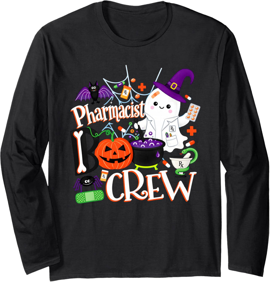 Spooky Pharmacist Boo Crew Pharmacist Halloween Matching Long Sleeve T-Shirt - Adult Unisex Black