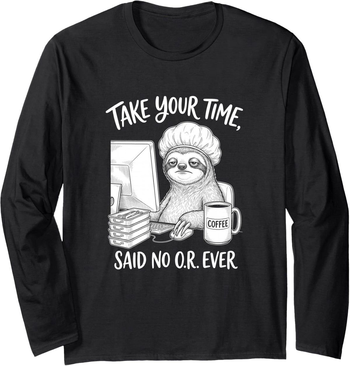 Sloth Computer Programmer Developer Coffee Coding Long Sleeve T-Shirt - Adult Unisex Black