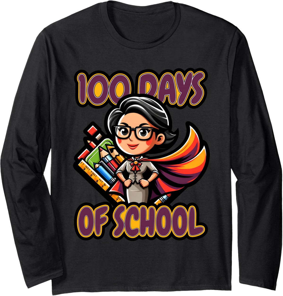 100 Days of School Design Teacher Back to School Long Sleeve T-Shirt - Adult Unisex Black