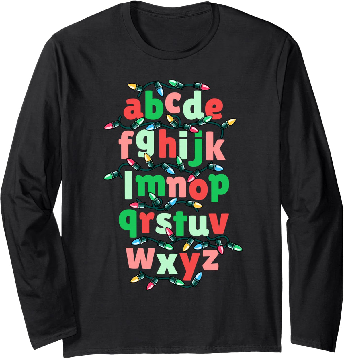 Kindergarten Teacher Christmas Lights ABC Christmas Alphabet Long Sleeve T-Shirt - Adult Unisex Black