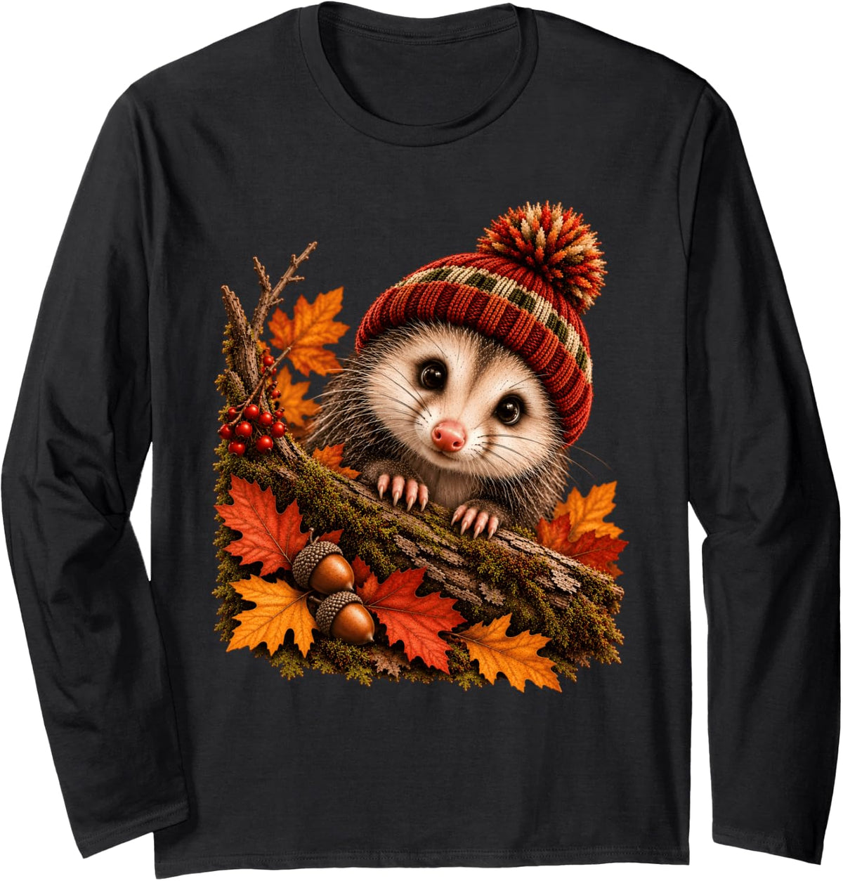 Cute Opossum Autumn Fall Outfit Funny Forest Animals Possum Long Sleeve T-Shirt - Adult Unisex Black