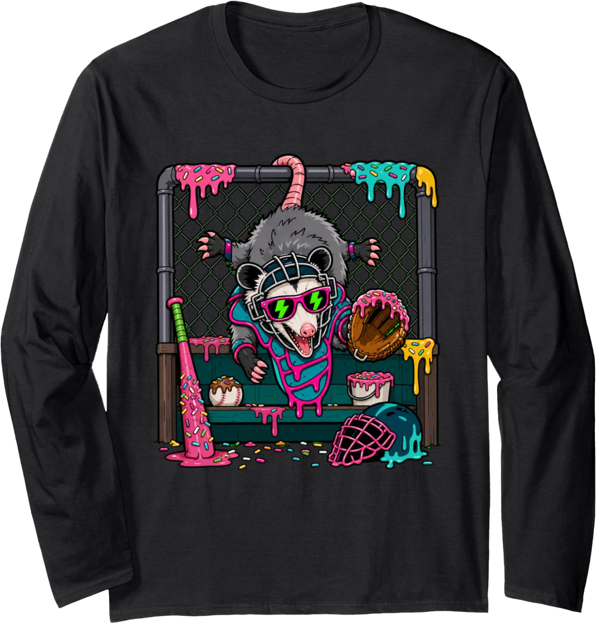 Funny Opossum Baseball Catcher Drip Sports Backstop Athlete Long Sleeve T-Shirt - Adult Unisex Black