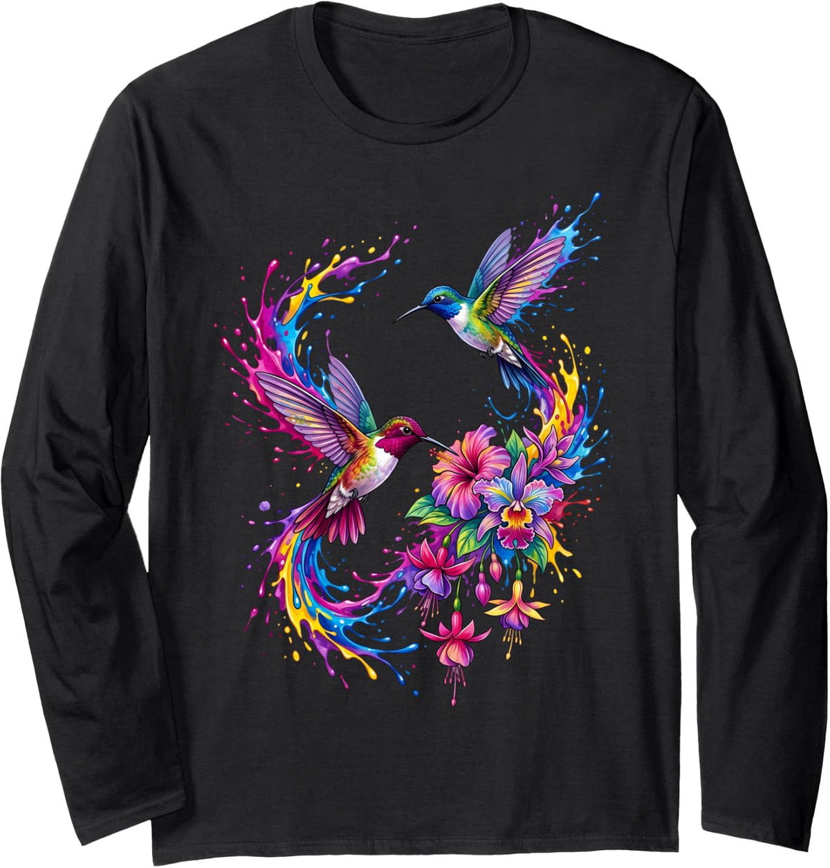 Dynamic Watercolor Hummingbirds and Tropical Floral Splatter Long Sleeve T-Shirt - Adult Unisex Black
