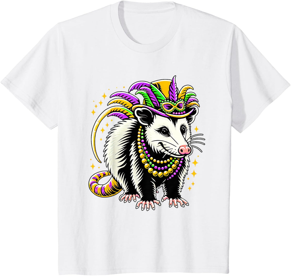 Funny Opossum Mardi Gras Possum In Mask And Beads Mardi Gras T-Shirt - White
