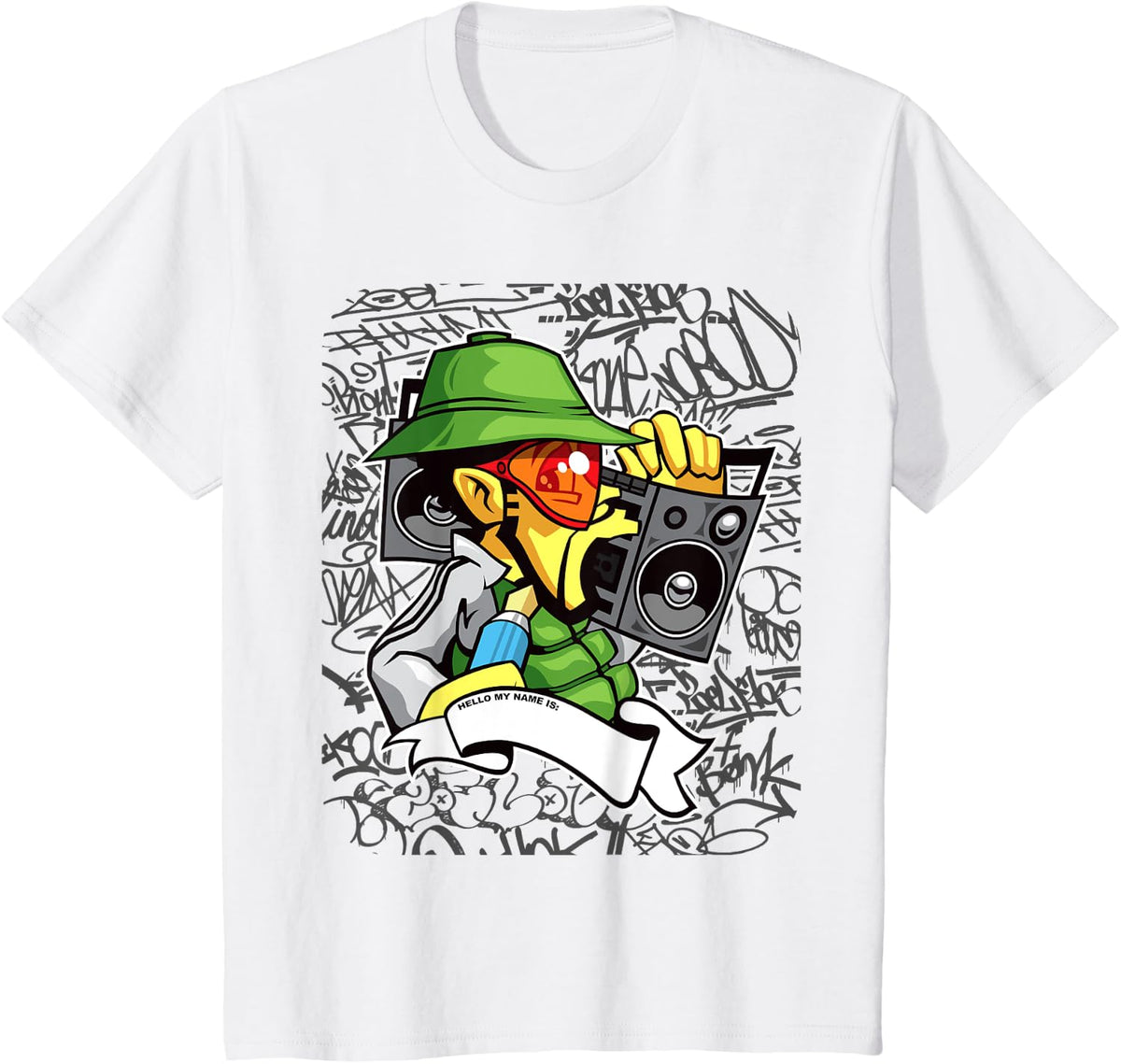Hip Hop B-boy graffiti character with old school boombox T-Shirt - White