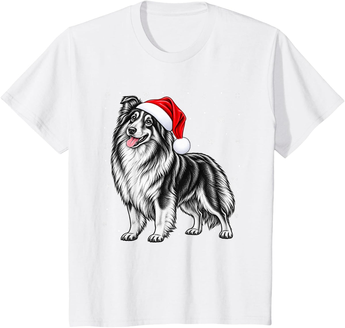 Rough Collie Christmas Santa Hat Snowflakes Holiday Dog T-Shirt - White