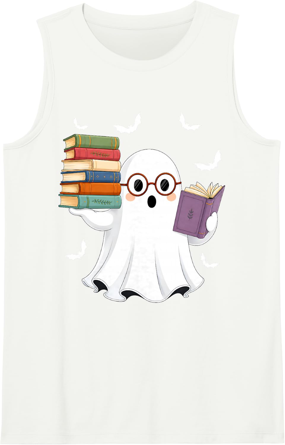Happy Halloween Costume Day Funny Ghost Reading Book Readers Sleeveless Tank Top - White