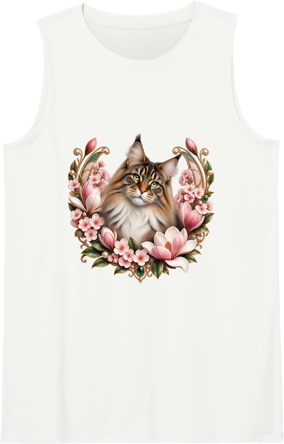 Maine Coon with Magnolia and Cherry Blossoms Sleeveless Tank Top - White