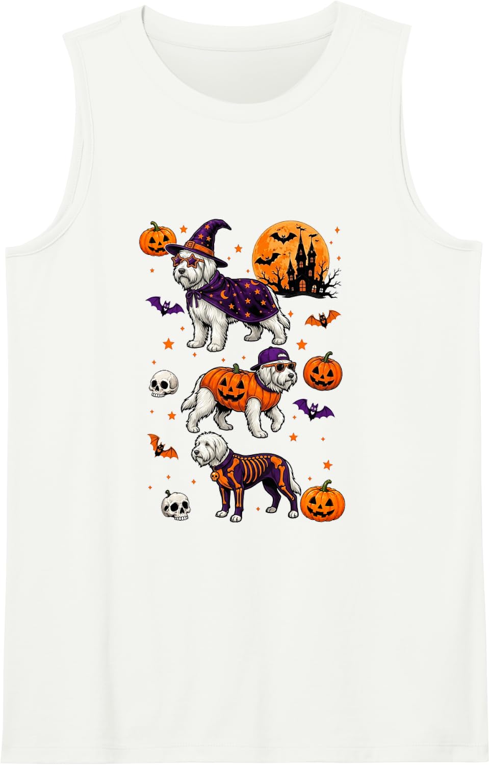 Three Cute Bearded Collies Cosplay Witch Skeleton Halloween Tank Top - White