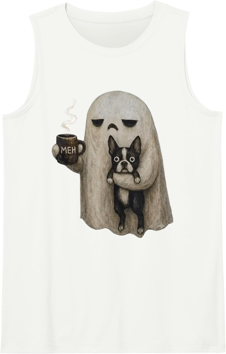 Funny Ghost Holding Dog Boston Terrier Cozy Hot Latte Sleeveless Tank Top - White