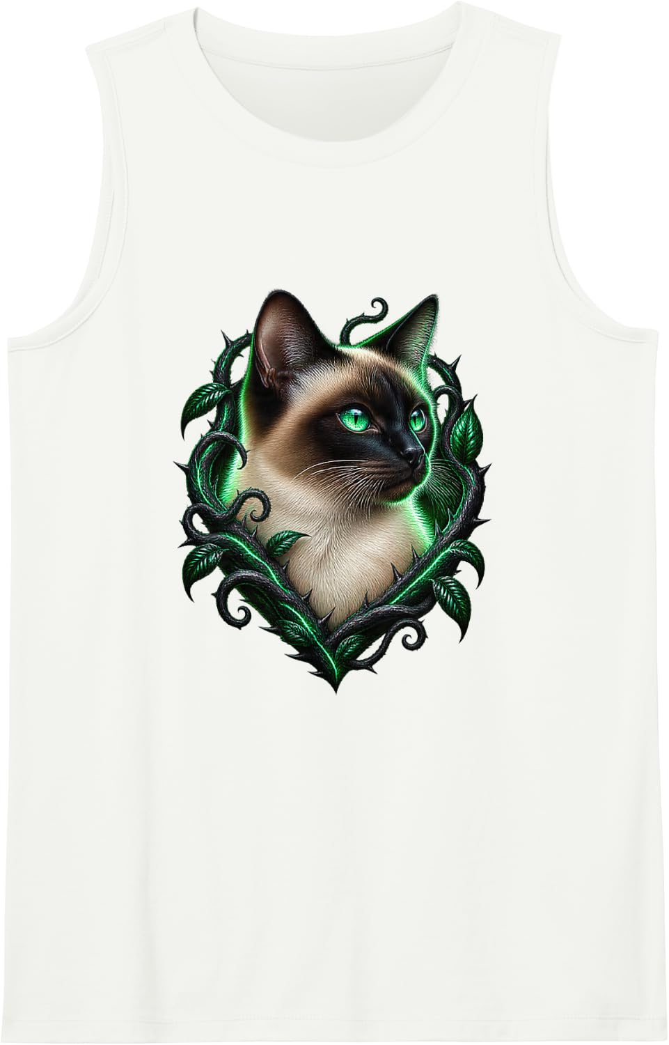Siamese Cat with Emerald Light Brambles Sleeveless Tank Top - White