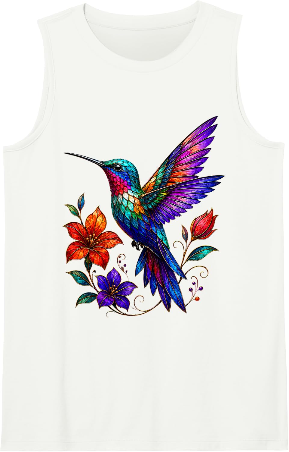Colorful Hummingbird Flower Bird Lover Nature Sleeveless Tank Top - White