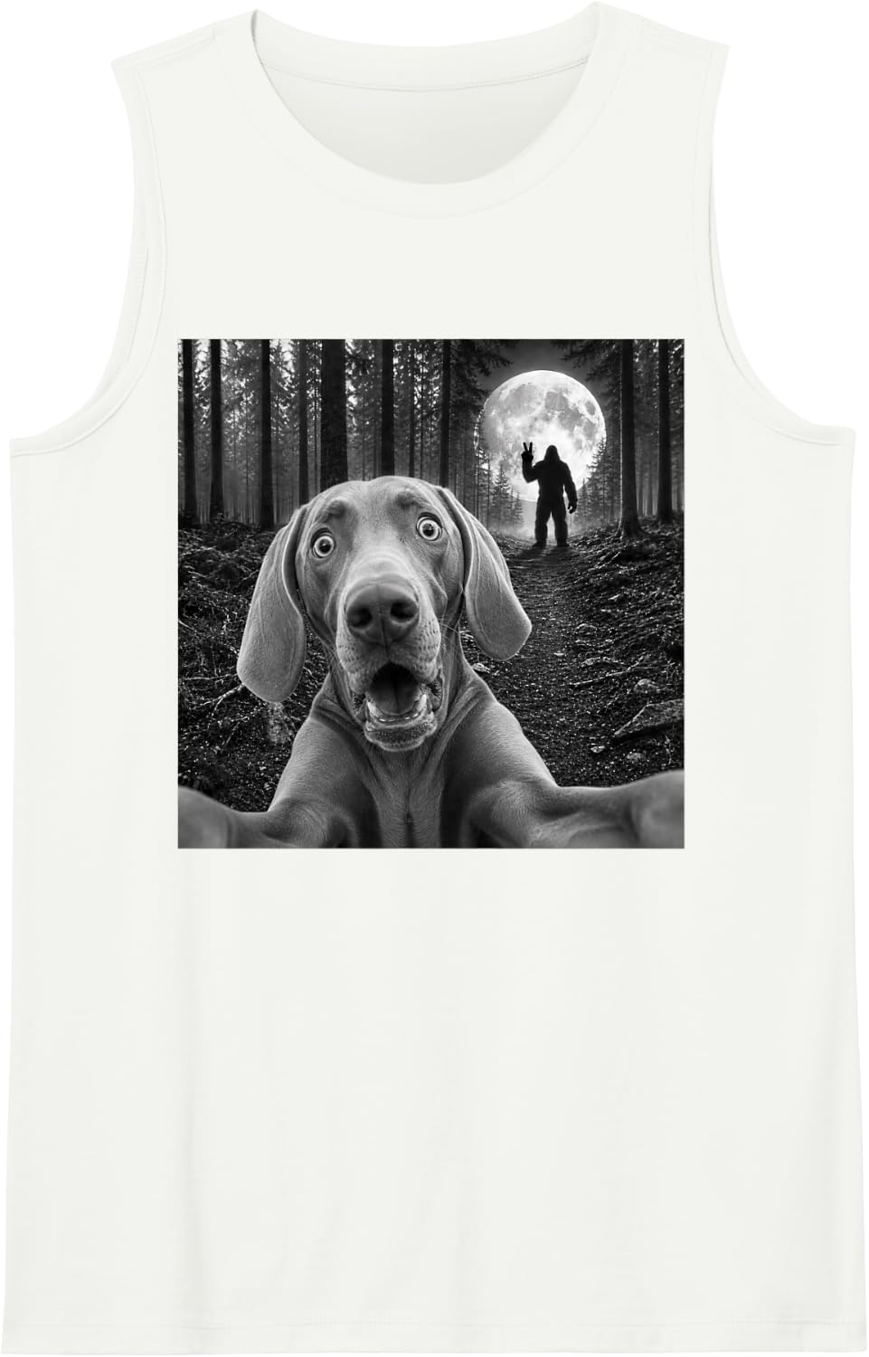 Weimaraner Selfie with Bigfoot Peace Sign Dog Sasquatch Sleeveless Tank Top - White