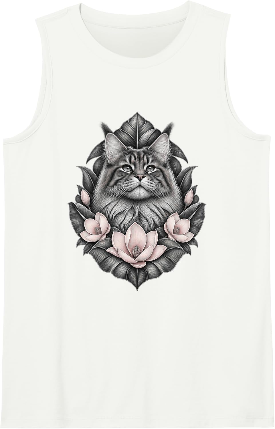 Maine Coon Cat with Magnolia Blossoms and Leafy Stems Sleeveless Tank Top - White