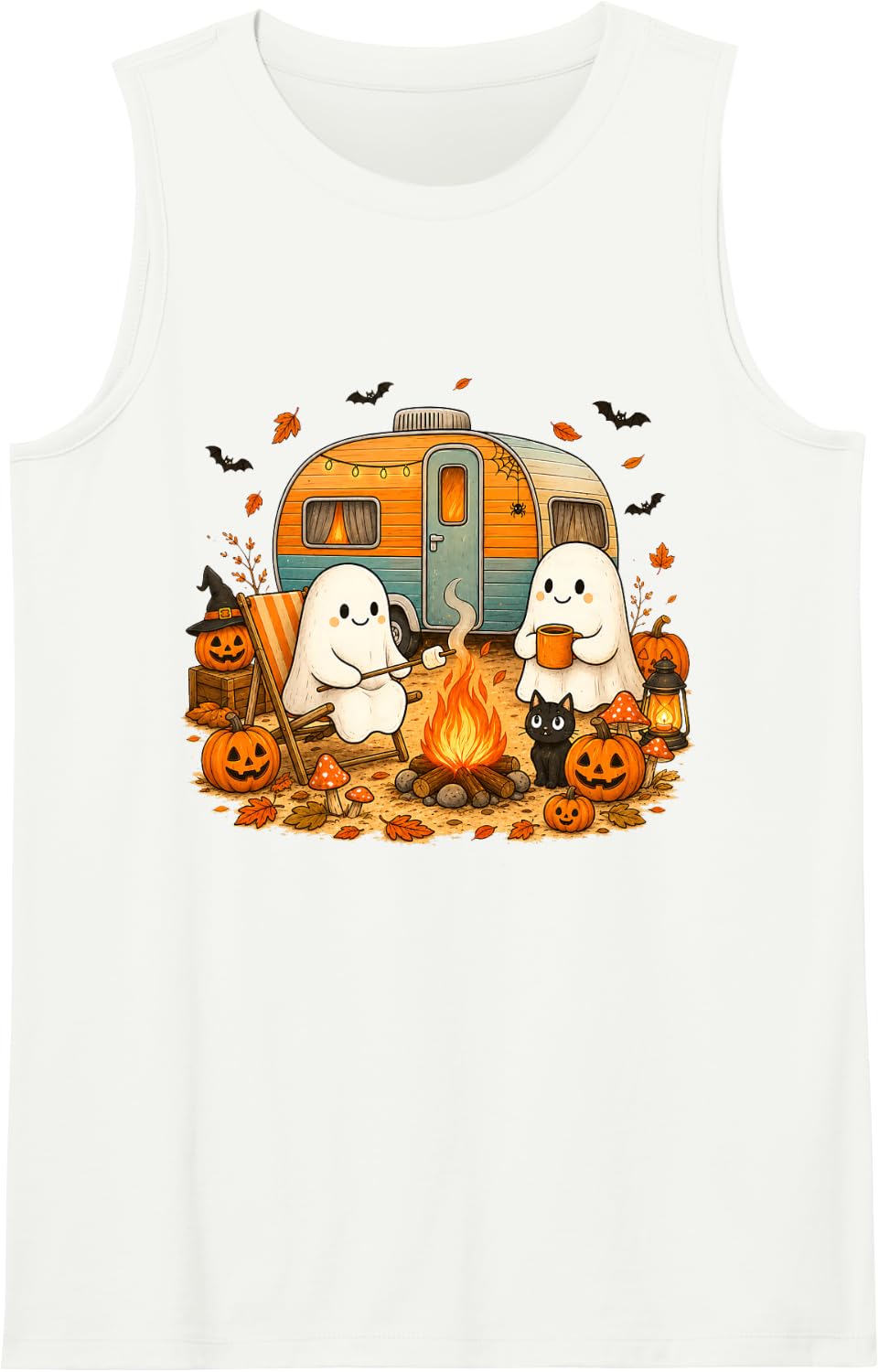 Vintage Ghost Campfire Camping Autumn Halloween Sleeveless Tank Top - White