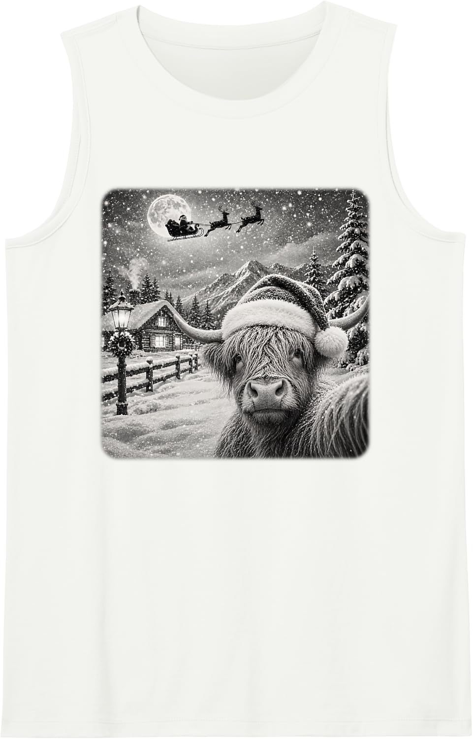 Xmas Moon Night Starry Santa Sleigh Highland Cow Christmas Sleeveless Tank Top - White