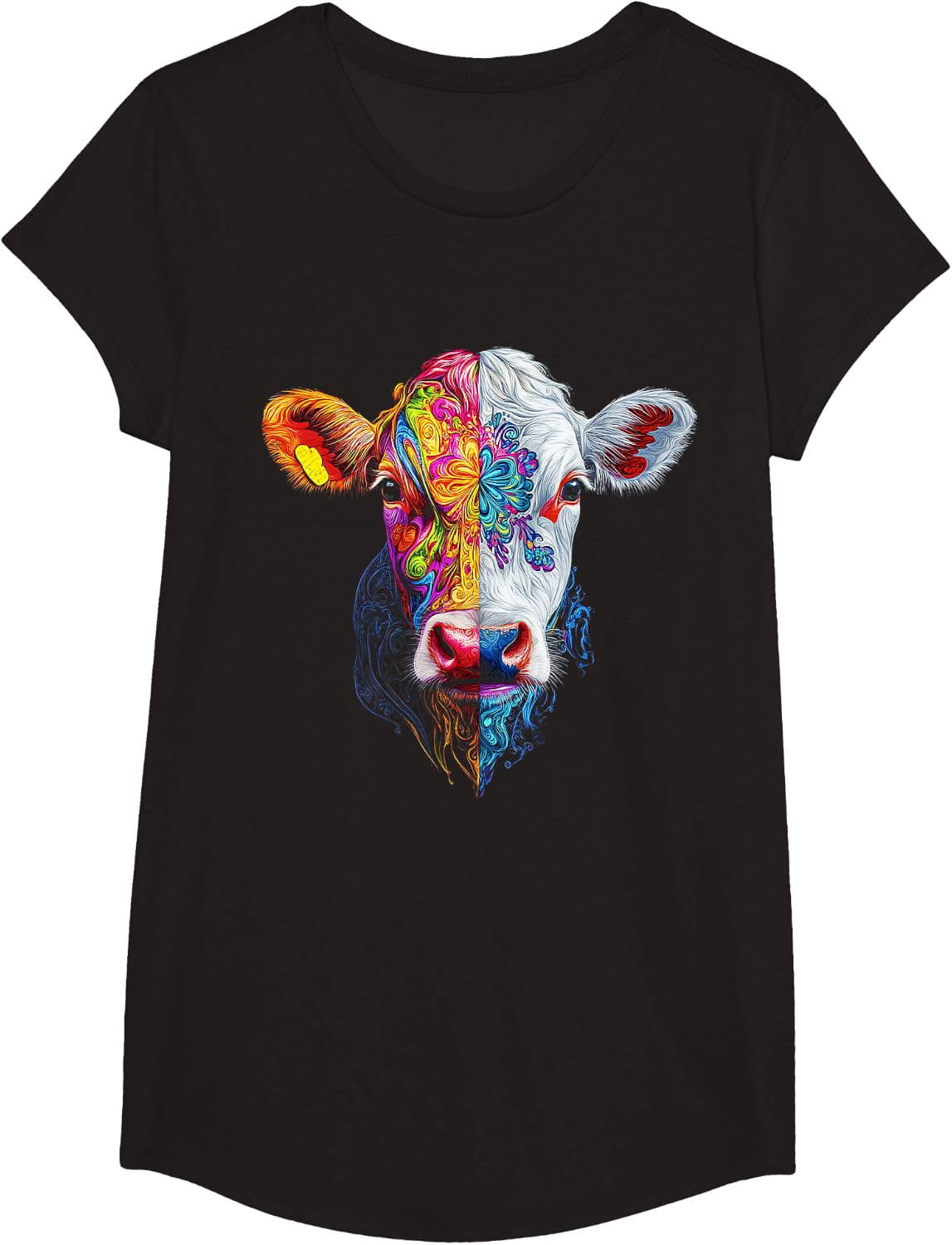 Cow Mandala Face Art Animal Lover Portrait Artwork Cow T-Shirt - Girls Black