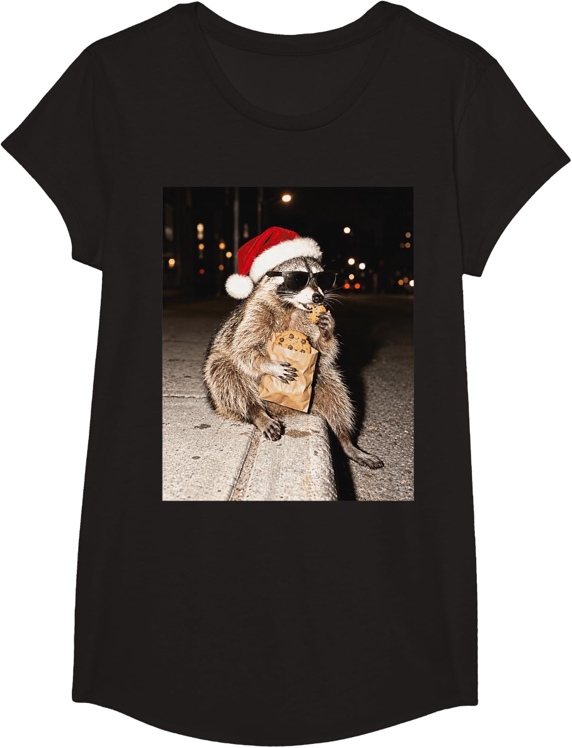 Christmas Raccoon Eating Cookies Funny Santa Hat T-Shirt - Girls Black