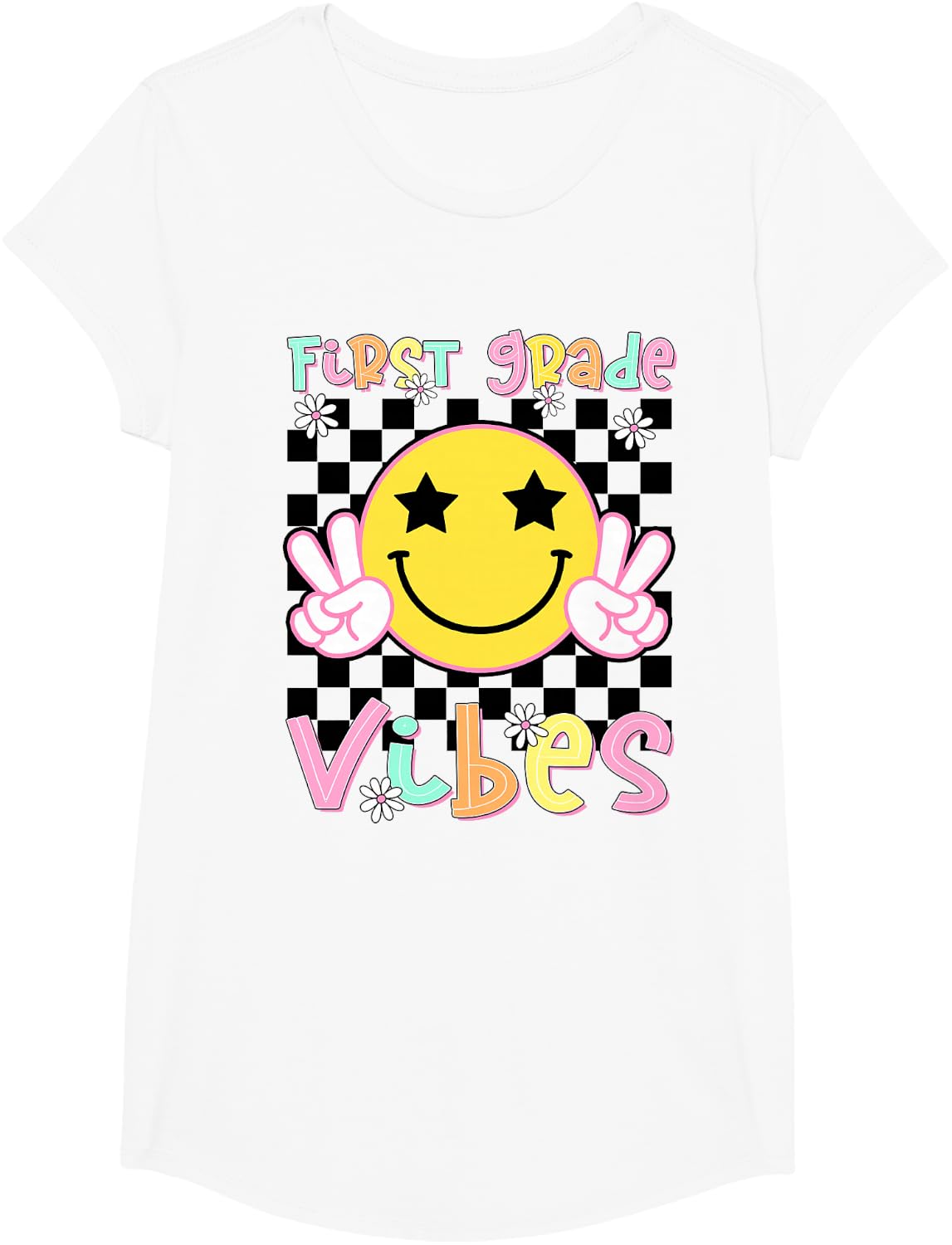 First Grade Vibes Groovy Smile Face Back To School Girl Kid T-Shirt - Girls White