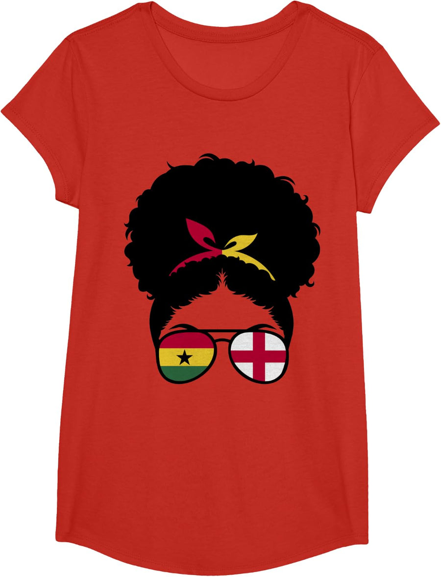 Ghana and England Mix Afro Bun Half English half Ghanaian T-Shirt - Girls Red