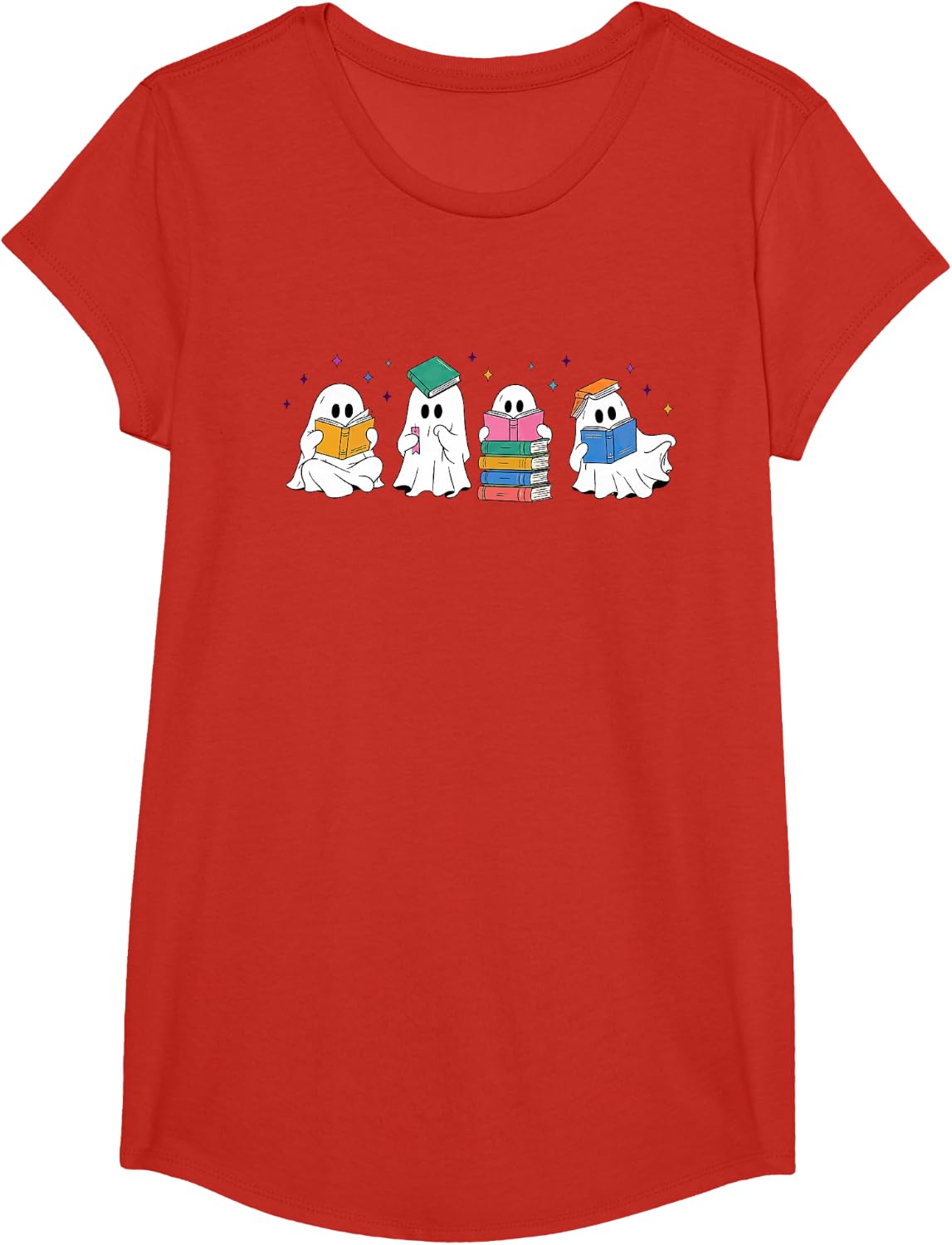 Reading Ghost Cute Book Lover Halloween Spooky Bookish T-Shirt - Girls Red