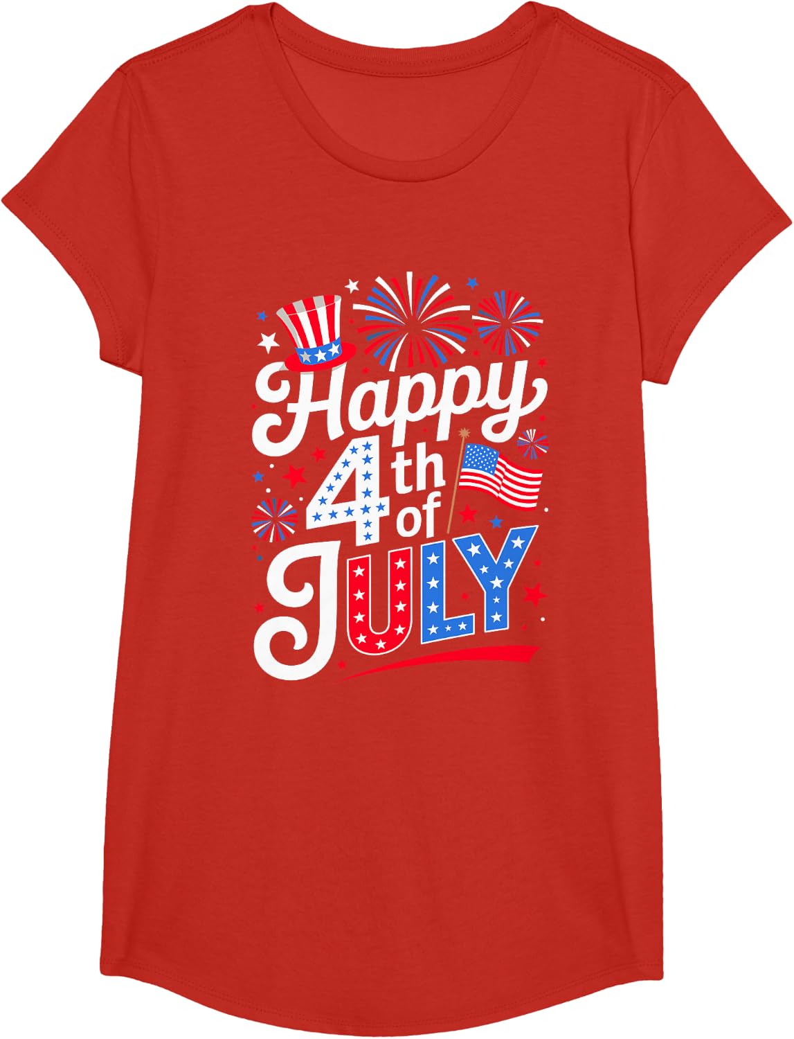 Happy 4th of July Fireworks Patriotic USA Flag Design T-Shirt - Girls Red