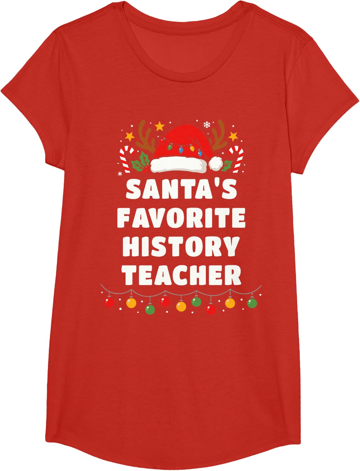Santa's Favorite History Teacher Funny Christmas Pajama T-Shirt - Girls Red