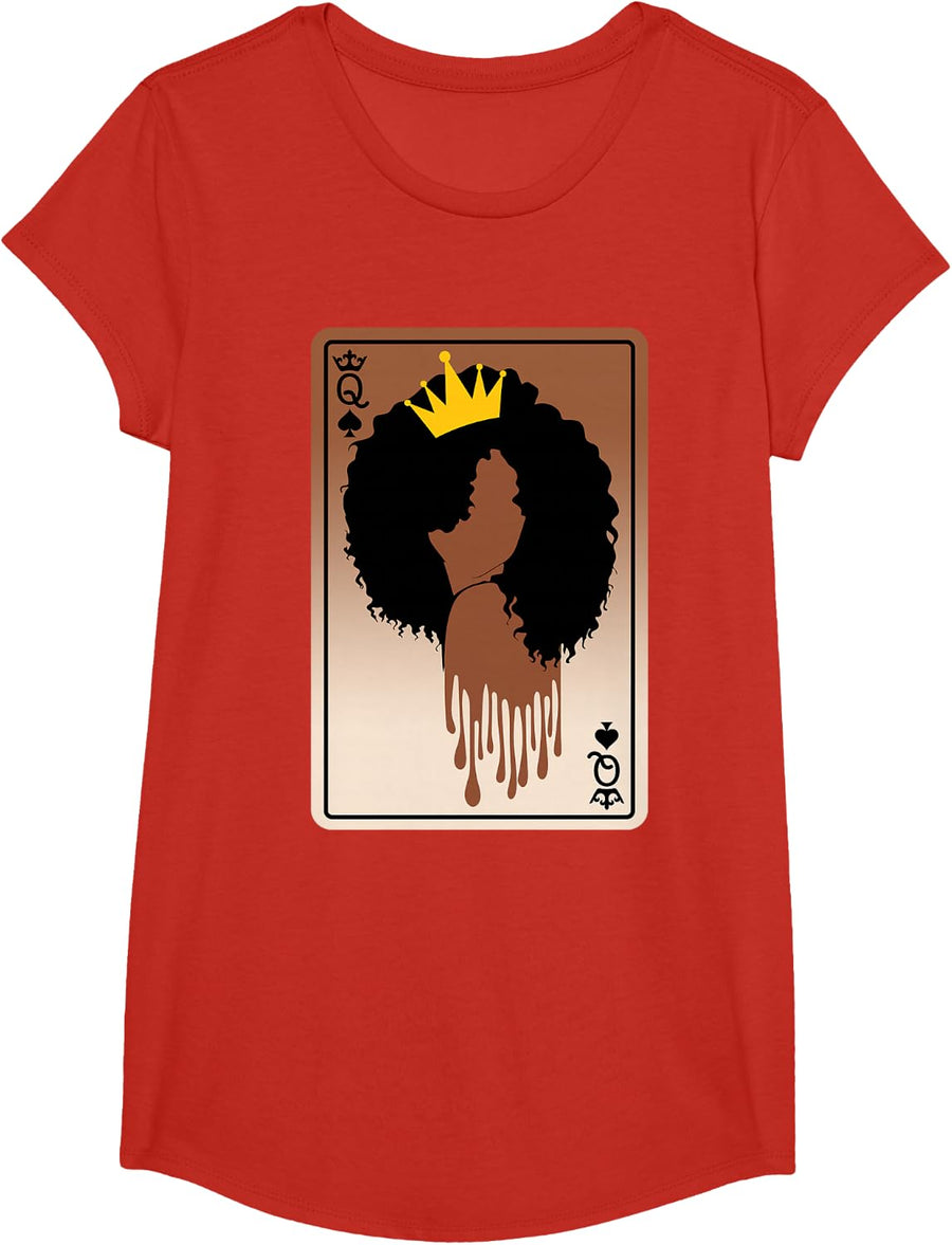 Spades Queen Card Afro American Black History Month Melanin Tee T-Shirt - Girls Red