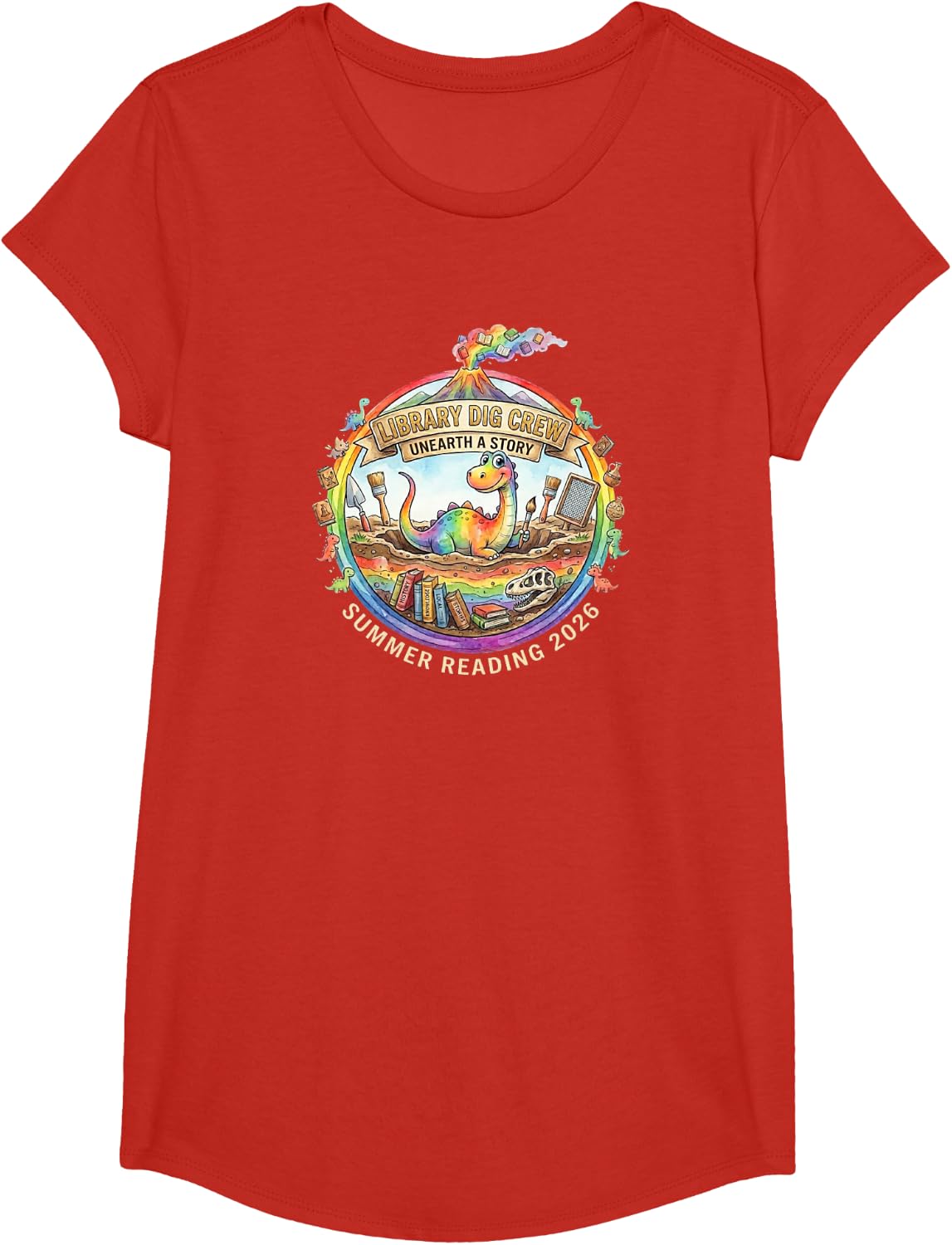 Library Dig Crew Unearth A Story Librarian Staff Summer 2026 T-Shirt - Girls Red