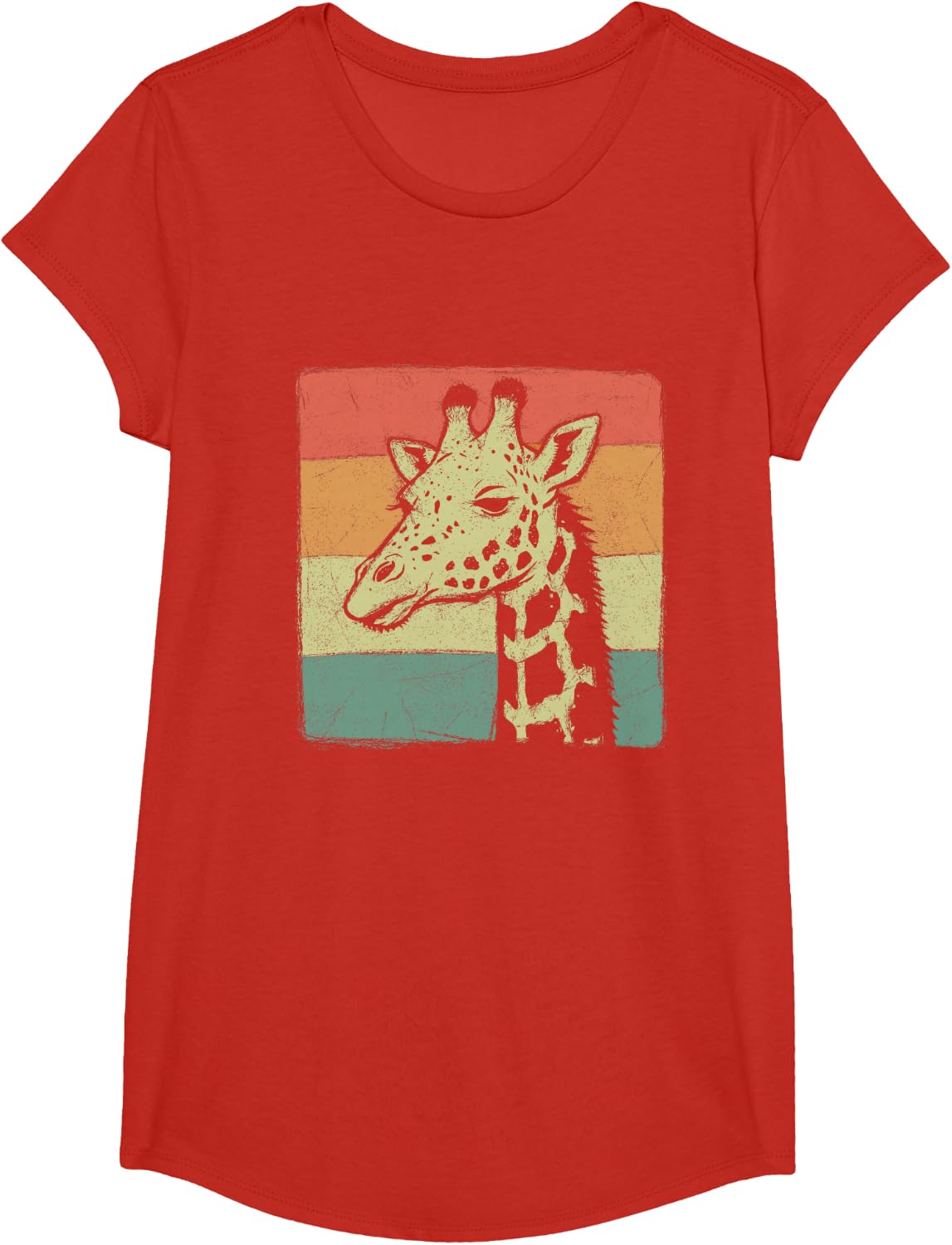 Giraffe Retro Vintage Sunset Safari Motif T-Shirt - Girls Red