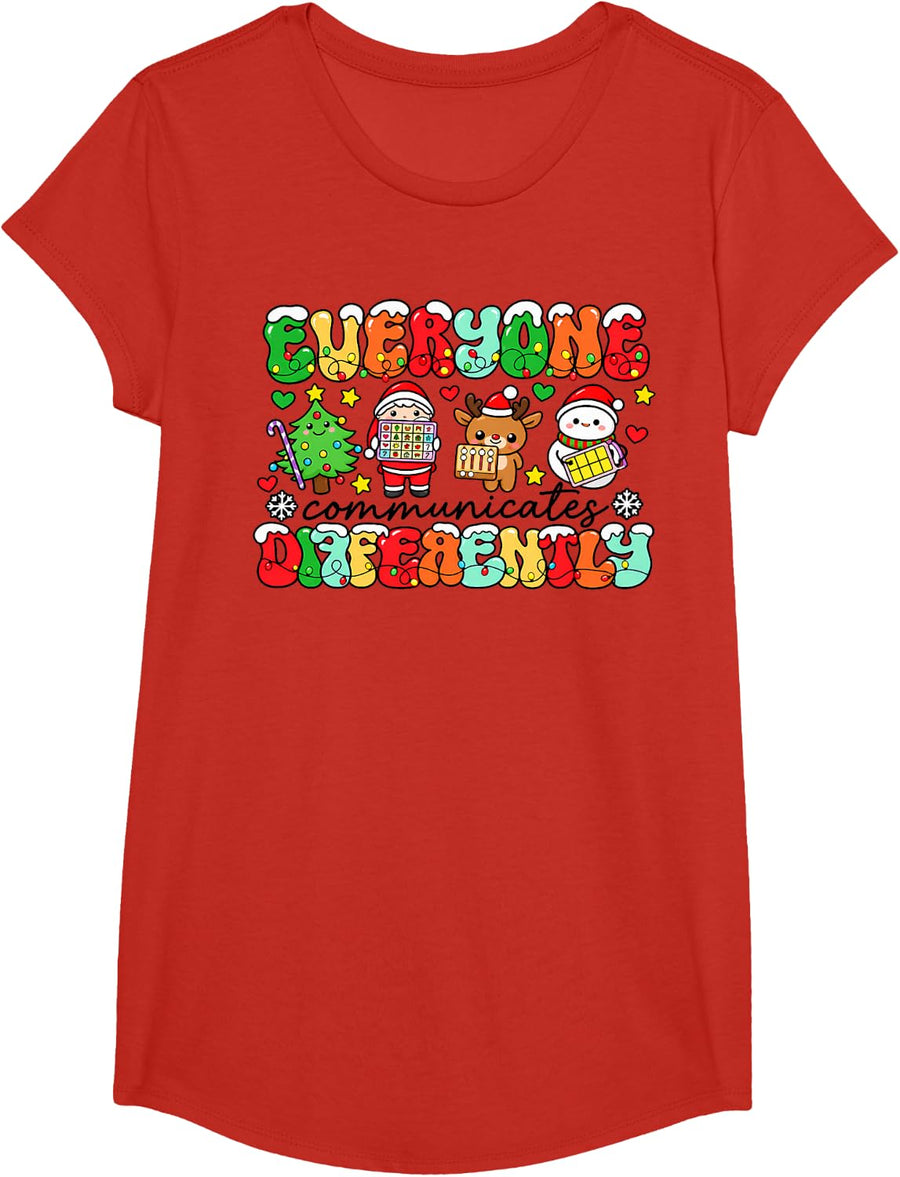 Everyone Communicate Differently SLP Christmas Autism T-Shirt - Girls Red