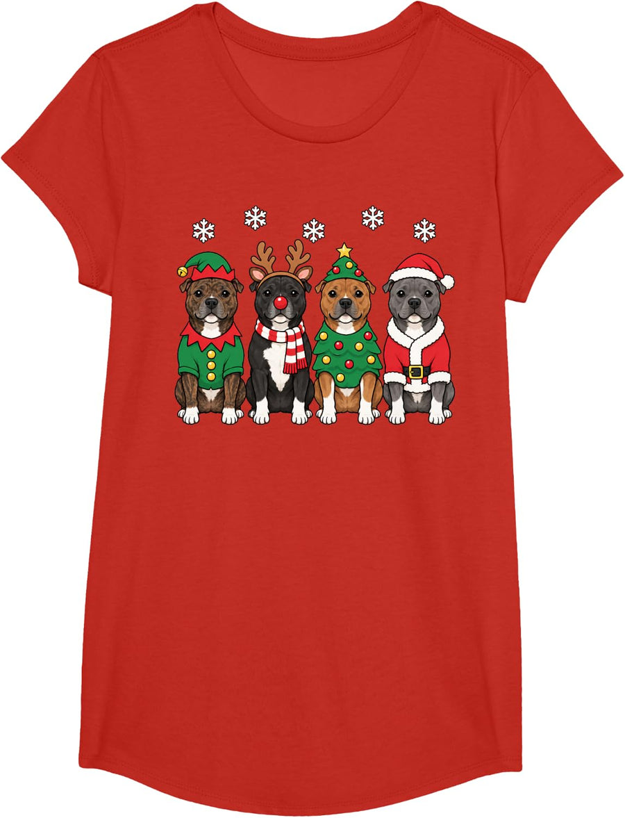 Staffordshire Bull Terrier Christmas Reindeer Santa Dog T-Shirt - Girls Red